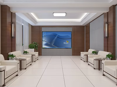Modern Hotel Public Lounge Area With White Sofas Coffee Tables And Large Screen TV 3d model