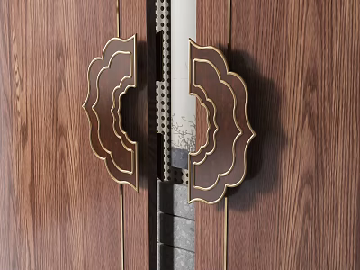 Elegant Traditional Brass Door Handle With Carved Patterns On Wooden Door 3d model