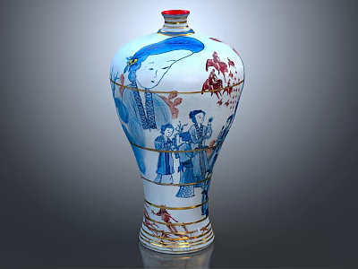 Traditional Chinese Porcelain Vase With Blue Red Patterns And Human Figures 3d model