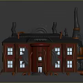 Steampunk Style Building with Gear Decorations Red Door Windows and Chimneys 3d model