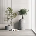 Green Leaf Bonsai Potted Plants In Gray Square And White Textured Cylindrical Pots