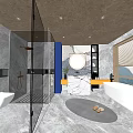 Modern Bathroom Interior Features Glass Shower Marble Walls Round Mirror Bathtub Yellow Vanity Window View