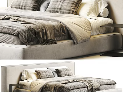 Modern Double Bed With Plaid Pillows Soft Blanket And Upholstered Headboard 3d model