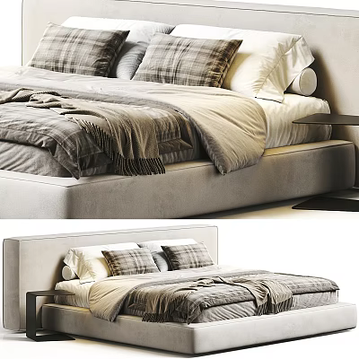 Modern Double Bed With Plaid Pillows Soft Blanket And Upholstered Headboard 3d model