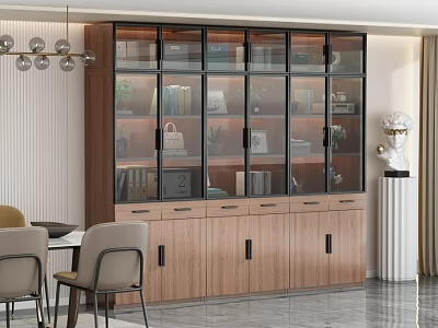 Modern Bookcase Interior Design With Glass Doors Wooden Cabinet Drawers And Display Shelves 3d model