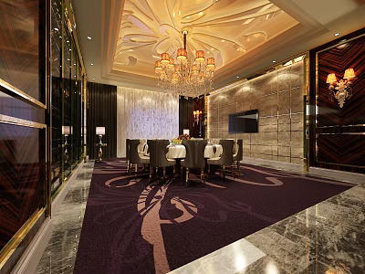 Luxurious Private Dining Room With Chandelier Dining Table Chairs And Decorative Walls 3d model