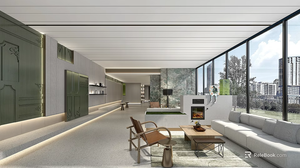 Modern Hotel Public Lounge with Comfortable Sofa Armchair Coffee Table Large Windows and Green Plants 3d model 