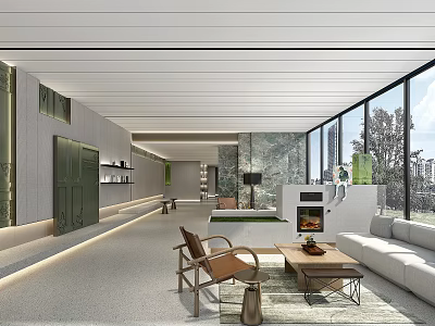Modern Hotel Public Lounge with Comfortable Sofa Armchair Coffee Table Large Windows and Green Plants 3d model