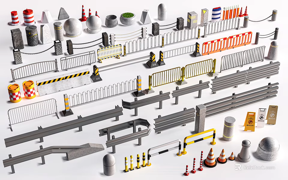 Various Types Of Safety Barriers Including Metal Yellow Striped And Traffic Cones Roadblocks 3d model 