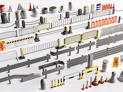 Various Types Of Safety Barriers Including Metal Yellow Striped And Traffic Cones Roadblocks 3d model