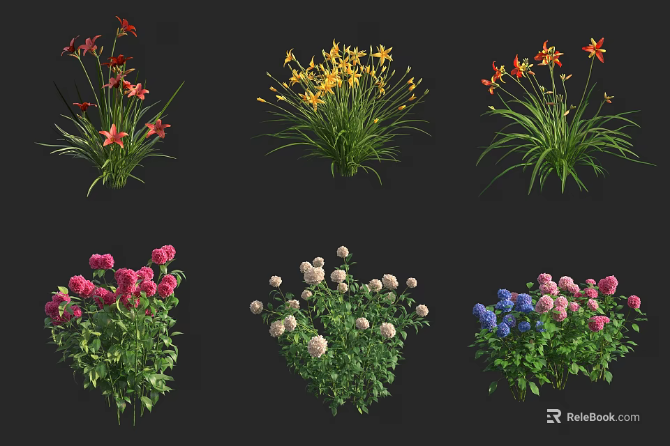 Colorful Flower Plants with Red Yellow Pink White and Blue Blooms and Green Leaves 3d model 