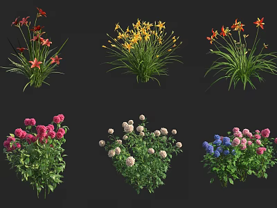 Colorful Flower Plants with Red Yellow Pink White and Blue Blooms and Green Leaves 3d model