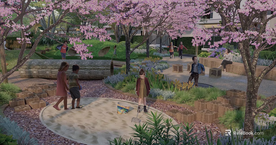 Outdoor Recreational Space With Cherry Blossom Trees Children Playing In Sandpit And Greenery 3d model 