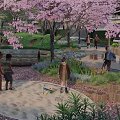 Outdoor Recreational Space With Cherry Blossom Trees Children Playing In Sandpit And Greenery