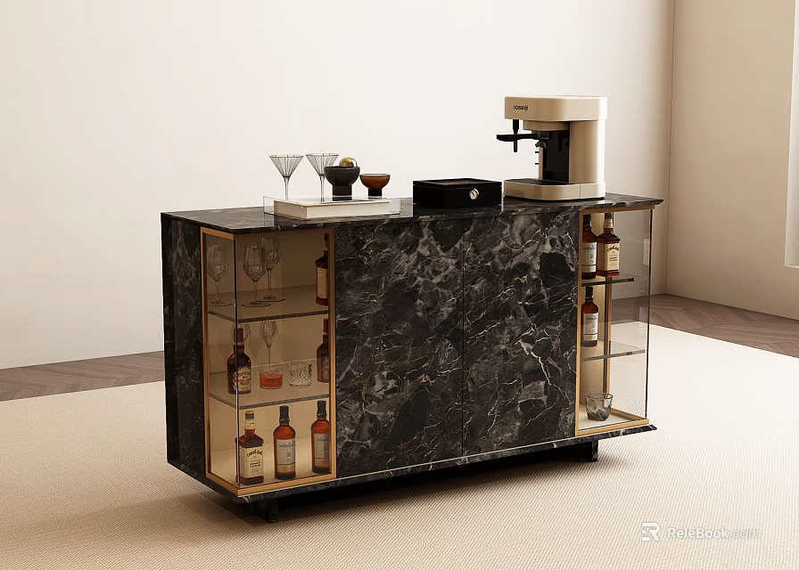 Modern Console Table Side Cabinet With Marble Surface Coffee Machine Wine Glasses And Glass Doors 3d model 
