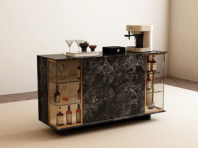 Modern Console Table Side Cabinet With Marble Surface Coffee Machine Wine Glasses And Glass Doors 3d model