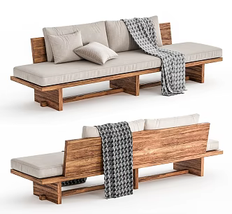 Japanese-style Sofa Living Room Sofa Straight Row Sofa Log Sofa 3d model