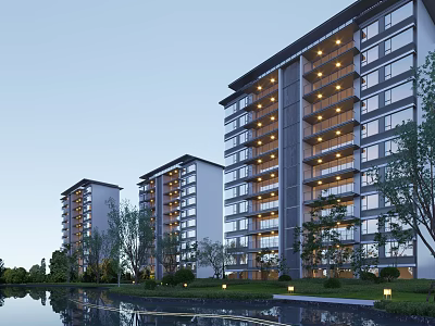 Modern Multi storey Residential Building with Lakeside Trees and Evening Lights 3d model