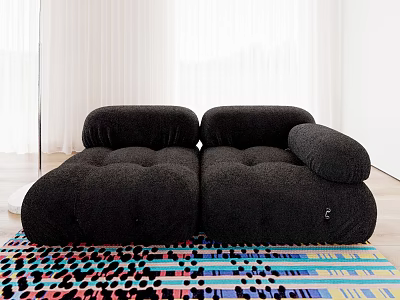 Black Plush Double Sofa In Modern Living Room With Colorful Area Rug 3d model