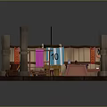 Medieval Workshop Interior With Wooden Pillars Red Banners Skull Symbols Workbench Tools And Crossbow