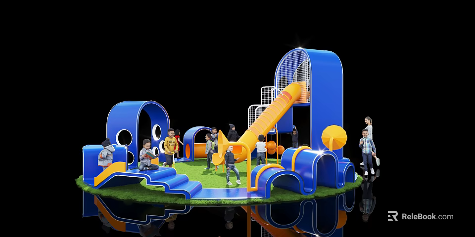 Interactive Playground Area With Blue Orange Slides Climbing Structures Green Lawn And Children 3d model