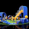 Interactive Playground Area With Blue Orange Slides Climbing Structures Green Lawn And Children 3d model