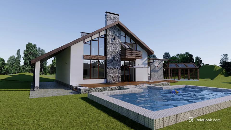 Detached Villa with Stone Wall Large Windows Swimming Pool Terrace Lawn Surrounded by Trees 3d model 