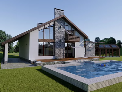 Detached Villa with Stone Wall Large Windows Swimming Pool Terrace Lawn Surrounded by Trees 3d model