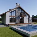Detached Villa with Stone Wall Large Windows Swimming Pool Terrace Lawn Surrounded by Trees