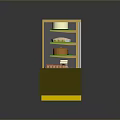 Assorted Desserts in Glass Display Case with Multiple Shelves and Golden Frame
