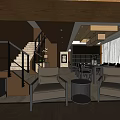 Modern Restaurant Interior With Staircase Comfortable Sofas Dining Tables Chairs And Curtains 3d model