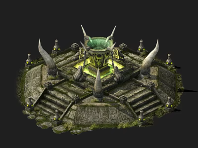 Ancient Stone Architectural Components with Spiked Decor Central Platform Circular Steps and Torch Lights 3d model
