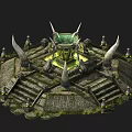 Ancient Stone Architectural Components with Spiked Decor Central Platform Circular Steps and Torch Lights