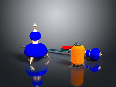 Decorative Weapon Components Featuring Blue Orange Spherical Parts With Spiked Tops And Metal Rod 3d model