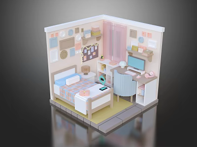 Cartoon Bedroom Scene Featuring Bed Desk Computer Wall Decorations and Shelf 3d model