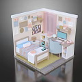 Cartoon Bedroom Scene Featuring Bed Desk Computer Wall Decorations and Shelf 3d model