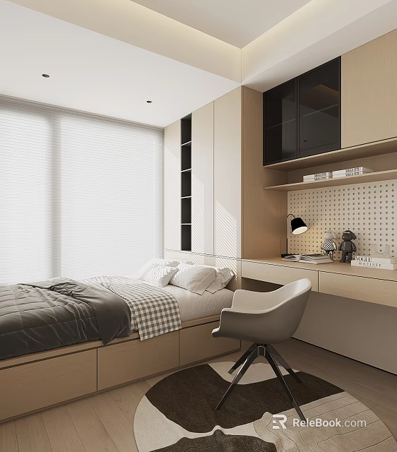 Modern Tatami Bedroom Interior Design With Integrated Cabinets Desk Chair Lamp And Window Blinds 3d model 