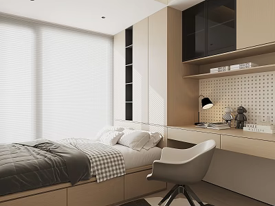 Modern Tatami Bedroom Interior Design With Integrated Cabinets Desk Chair Lamp And Window Blinds 3d model