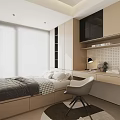 Modern Tatami Bedroom Interior Design With Integrated Cabinets Desk Chair Lamp And Window Blinds