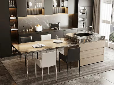 Modern Restaurant Interior With Dining Table Chairs Marble Countertop And Open Kitchen Cabinets 3d model
