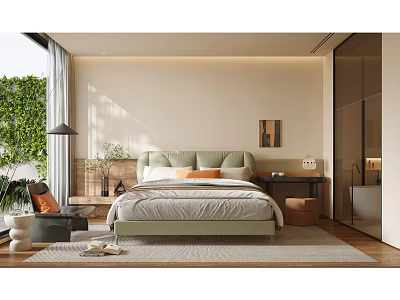 Modern Double Bed With Light Green Headboard In Sunny Bedroom With Natural Light 3d model