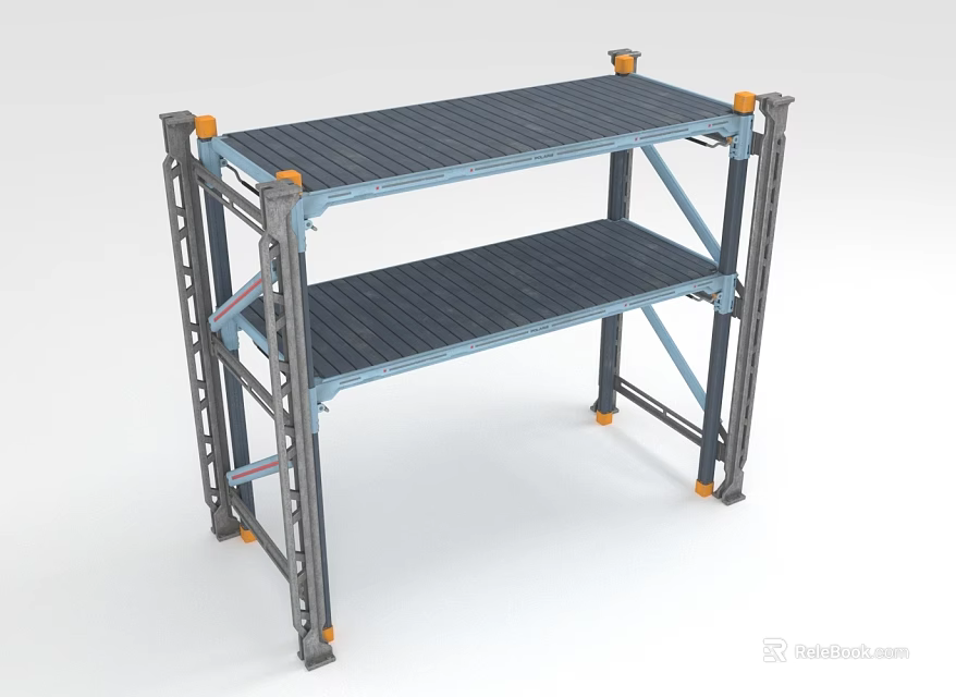 Sturdy Two Tier Display Shelf With Metal Frame Blue Shelves And Orange Base Supports 3d model 