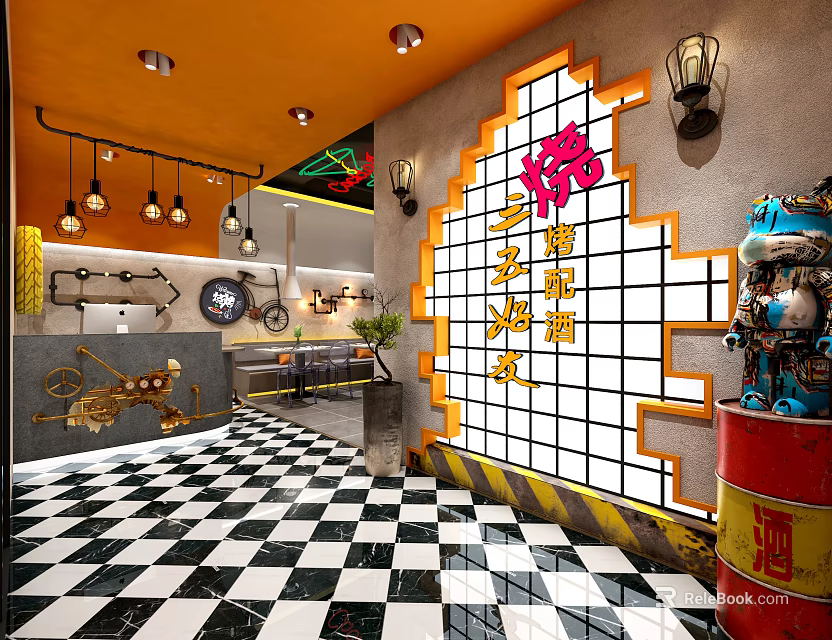 Vintage Restaurant Interior With Orange Ceiling Black White Checkered Floor Chinese Character Wall Pendant Lights 3d model 