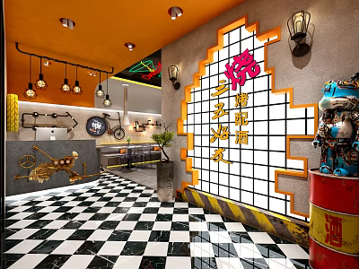 Vintage Restaurant Interior With Orange Ceiling Black White Checkered Floor Chinese Character Wall Pendant Lights 3d model