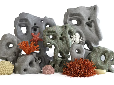 Natural Stone And Wood Decorative Pieces Featuring Intricate Holes And Marine Accents 3d model