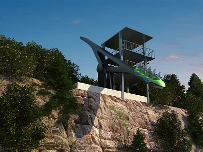 Tech Exhibition Hall on Cliffside with Modern Architecture Green Accents and Surrounding Trees Rocks 3d model