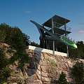 Tech Exhibition Hall on Cliffside with Modern Architecture Green Accents and Surrounding Trees Rocks