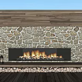 Modern Stone Wall Fireplace with Stacked Firewood Wooden Floor and Potted Plants