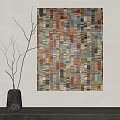 Colorful Abstract Patchwork Painting with Black Vase and Twigs on Light Wall