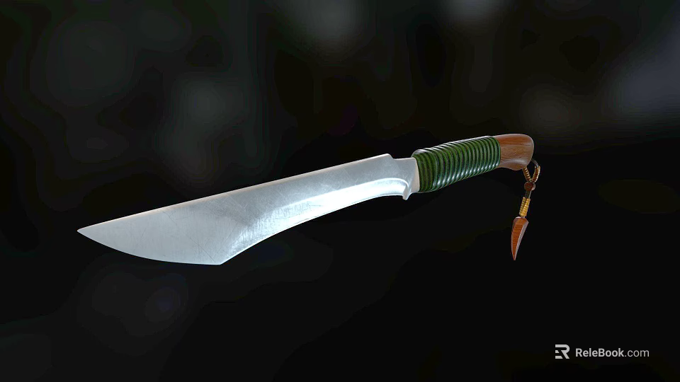 Sharp Silver Blade Knife With Green Wrapped Handle And Leather Pendant 3d model 